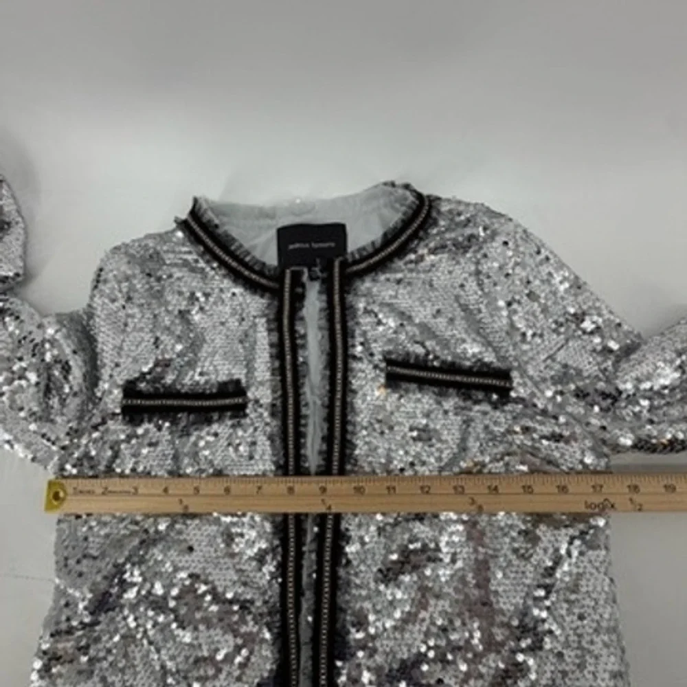Jealous Tomato Silver Sequin Jacket Womens‎ Medium Rhinestone Trim Open Front